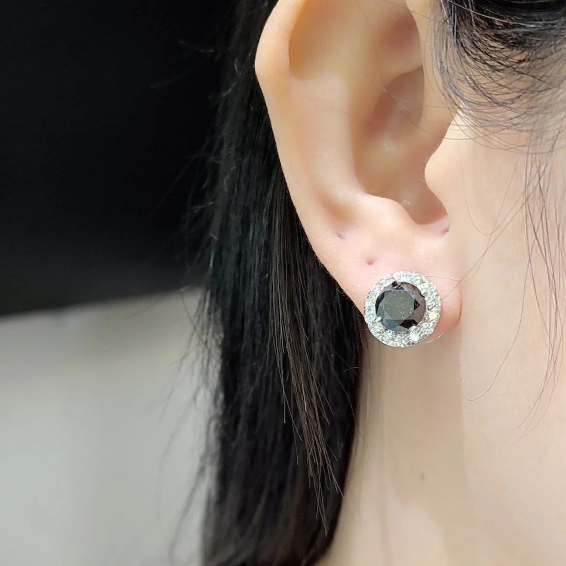 1.4 CT Black Diamond Round Halo Earrings 14K White Gold