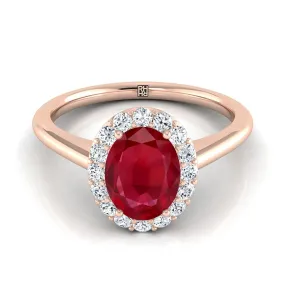 14K Rose Gold Oval Ruby Shared Prong Diamond Halo Engagement Ring -1/5ctw