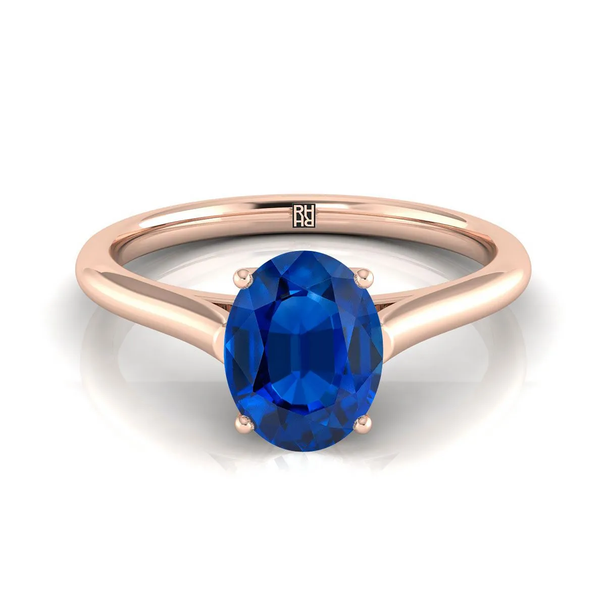 14K Rose Gold Oval Sapphire Cathedral Style Comfort Fit Solitaire Engagement Ring