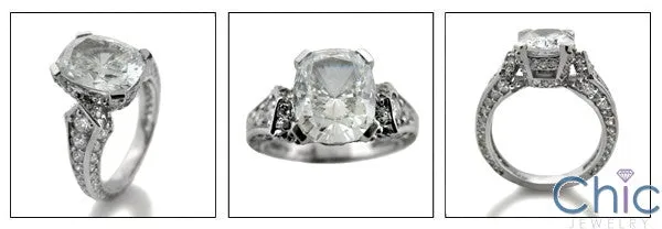 3 Ct Radiant Cushion Center Cubic Zirconia Pave Set Prongs 14K White Gold Engagement Ring