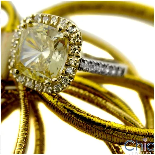 3.5 Canary Cushion Cut Cubic Zirconia in Halo Pave Two Tone 14K Gold Engagement Ring