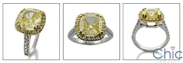 3.5 Canary Cushion Cut Cubic Zirconia in Halo Pave Two Tone 14K Gold Engagement Ring