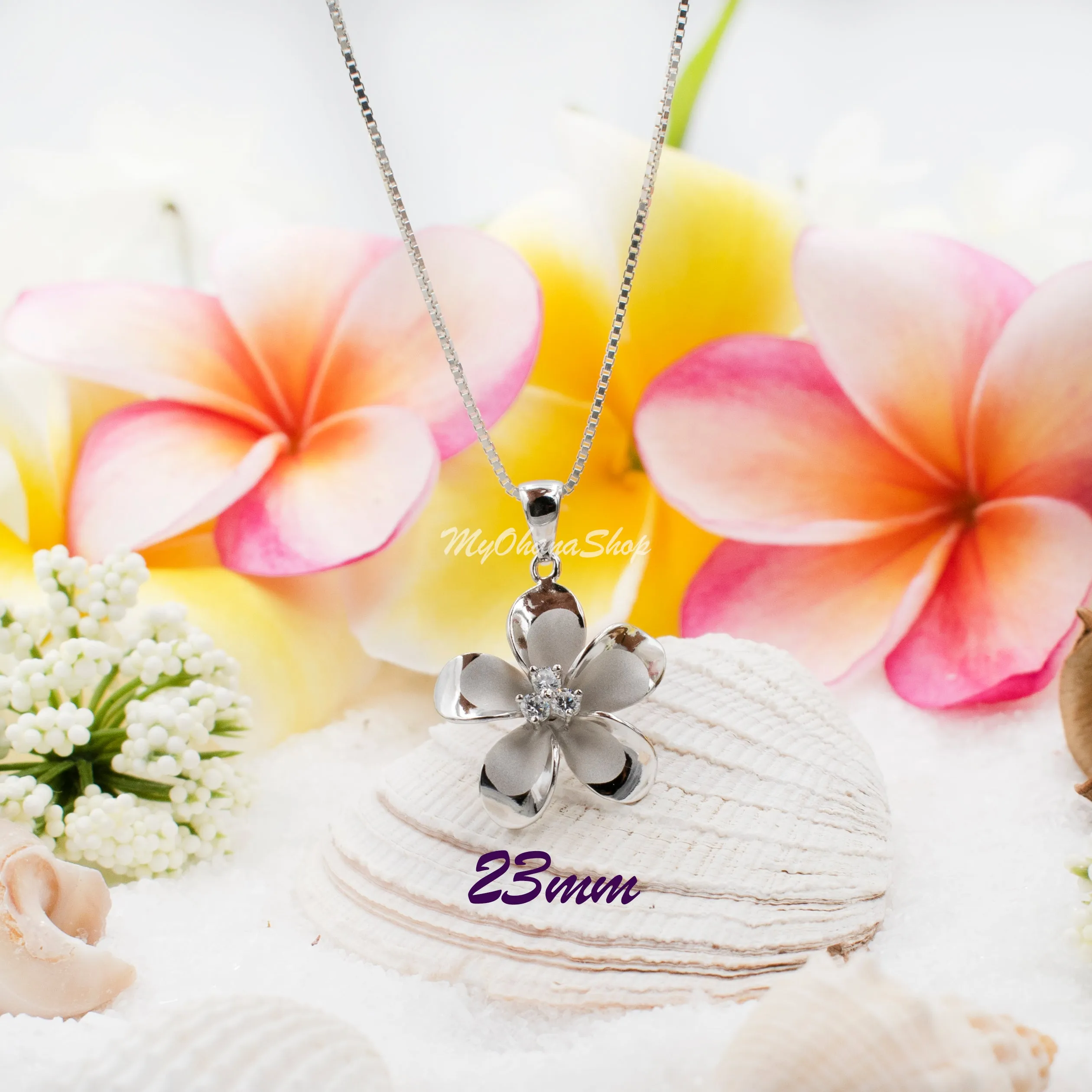 925 Sterling Silver Plumeria Flower Necklace For Women, Girls.  Tropical, Hawaiian Classic Plumeria Necklace With CZ. Bridesmaids Necklace.