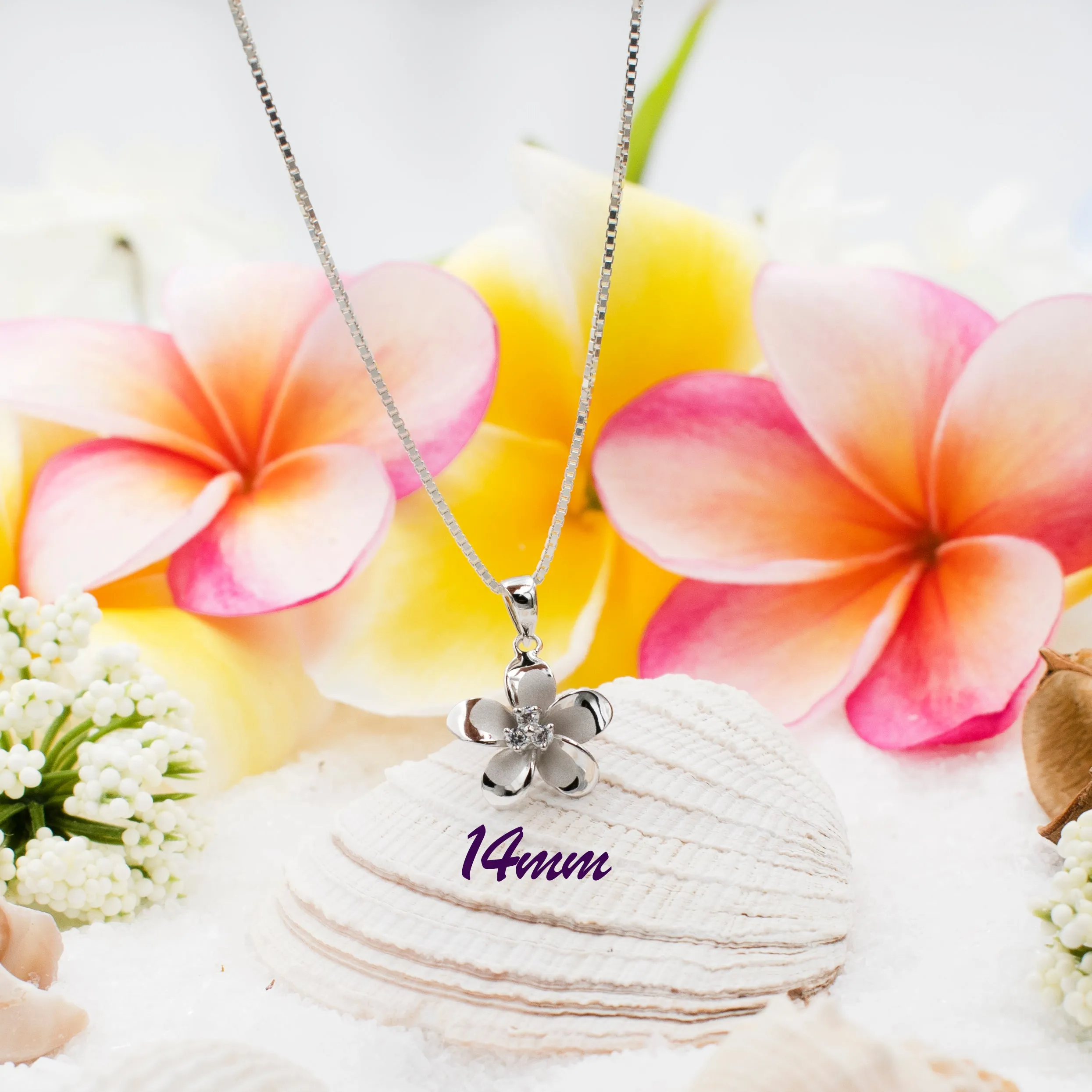 925 Sterling Silver Plumeria Flower Necklace For Women, Girls.  Tropical, Hawaiian Classic Plumeria Necklace With CZ. Bridesmaids Necklace.