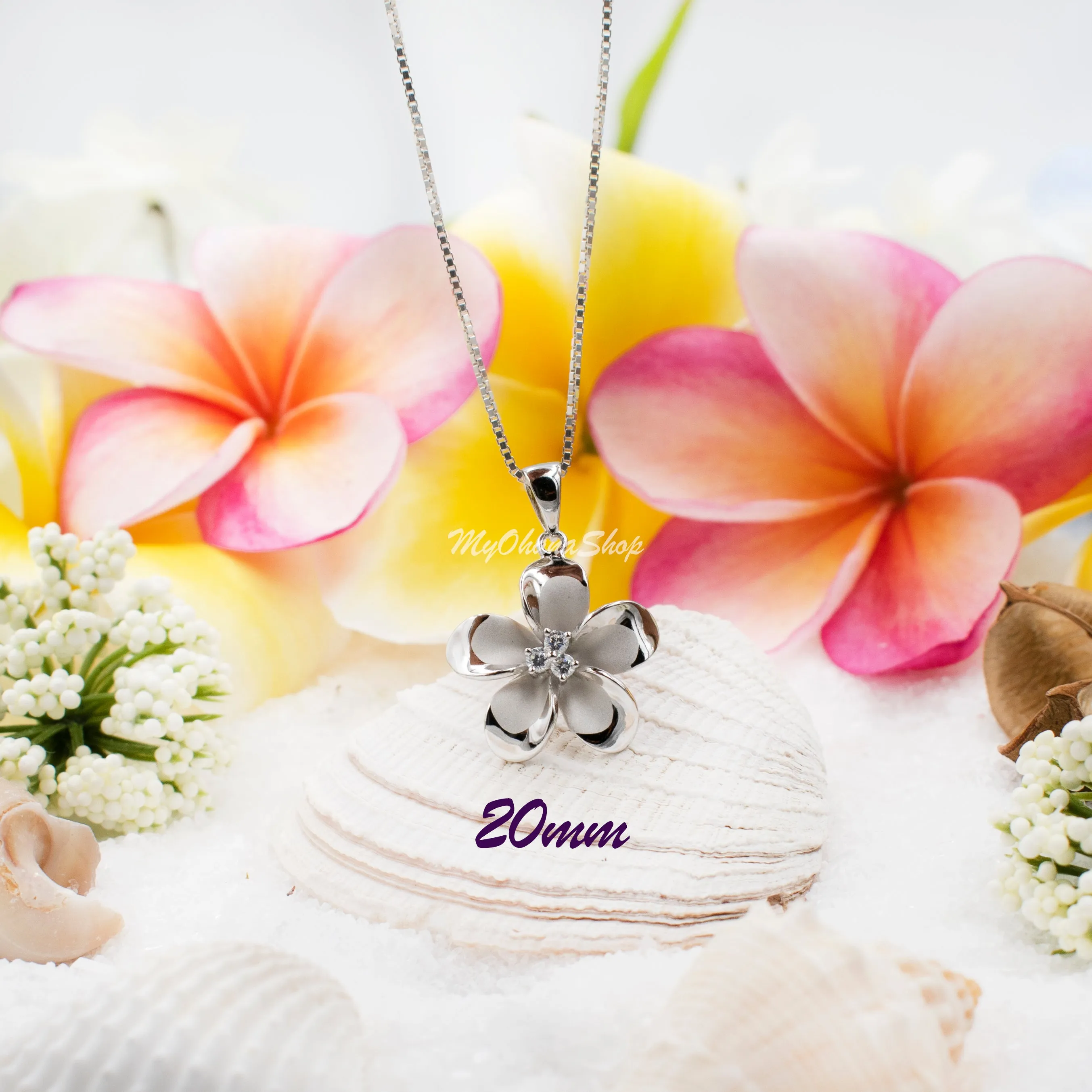 925 Sterling Silver Plumeria Flower Necklace For Women, Girls.  Tropical, Hawaiian Classic Plumeria Necklace With CZ. Bridesmaids Necklace.