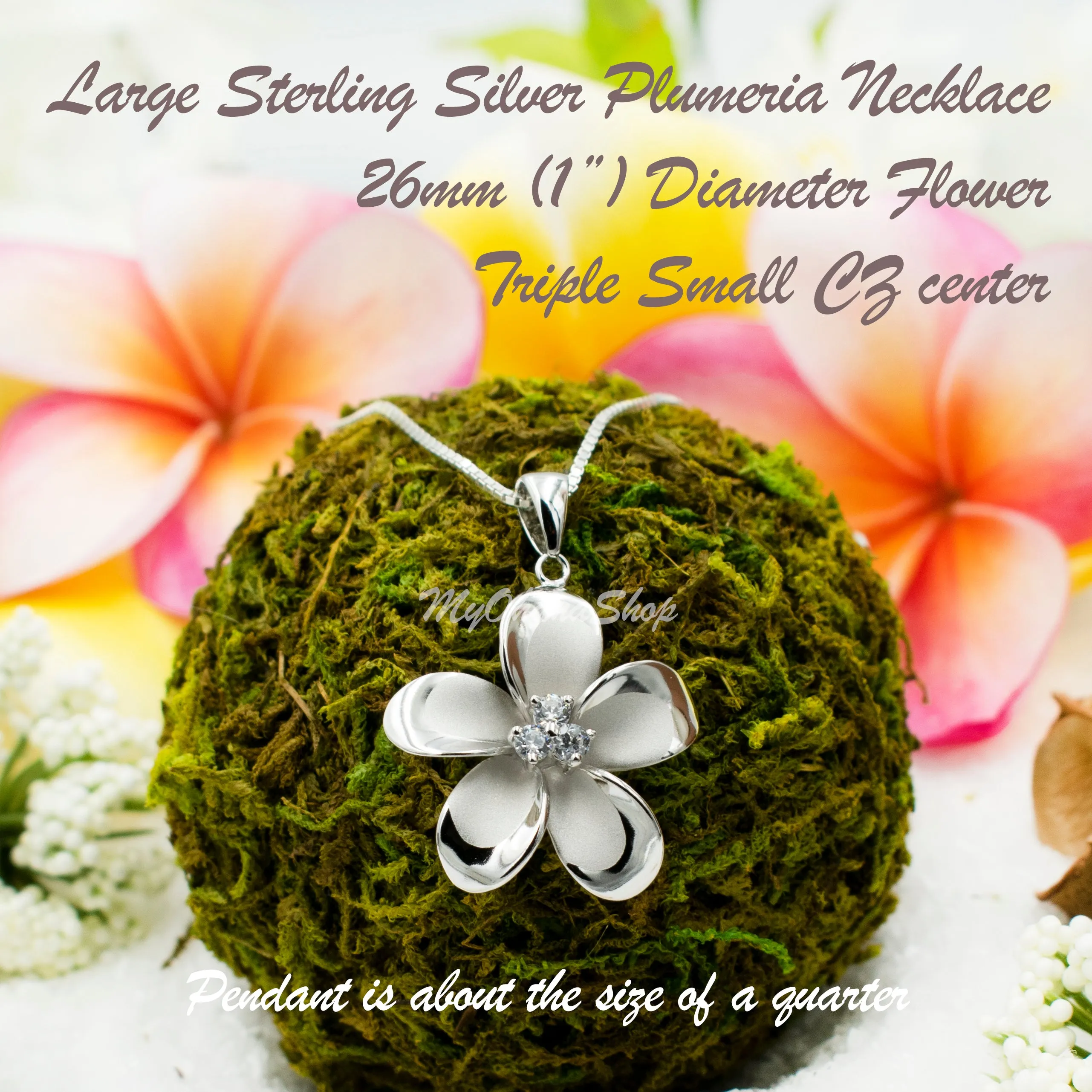 925 Sterling Silver Plumeria Flower Necklace For Women, Girls.  Tropical, Hawaiian Classic Plumeria Necklace With CZ. Bridesmaids Necklace.