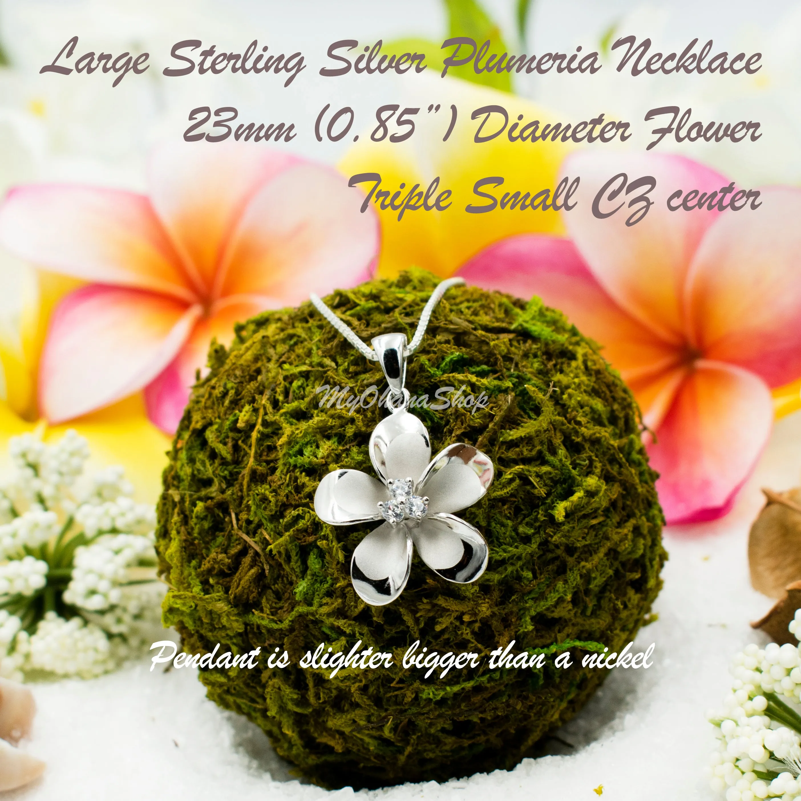 925 Sterling Silver Plumeria Flower Necklace For Women, Girls.  Tropical, Hawaiian Classic Plumeria Necklace With CZ. Bridesmaids Necklace.