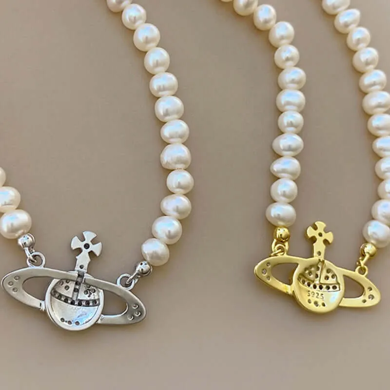 Elegant 925 Sterling Silver Saturn Necklace with Genuine Pearl