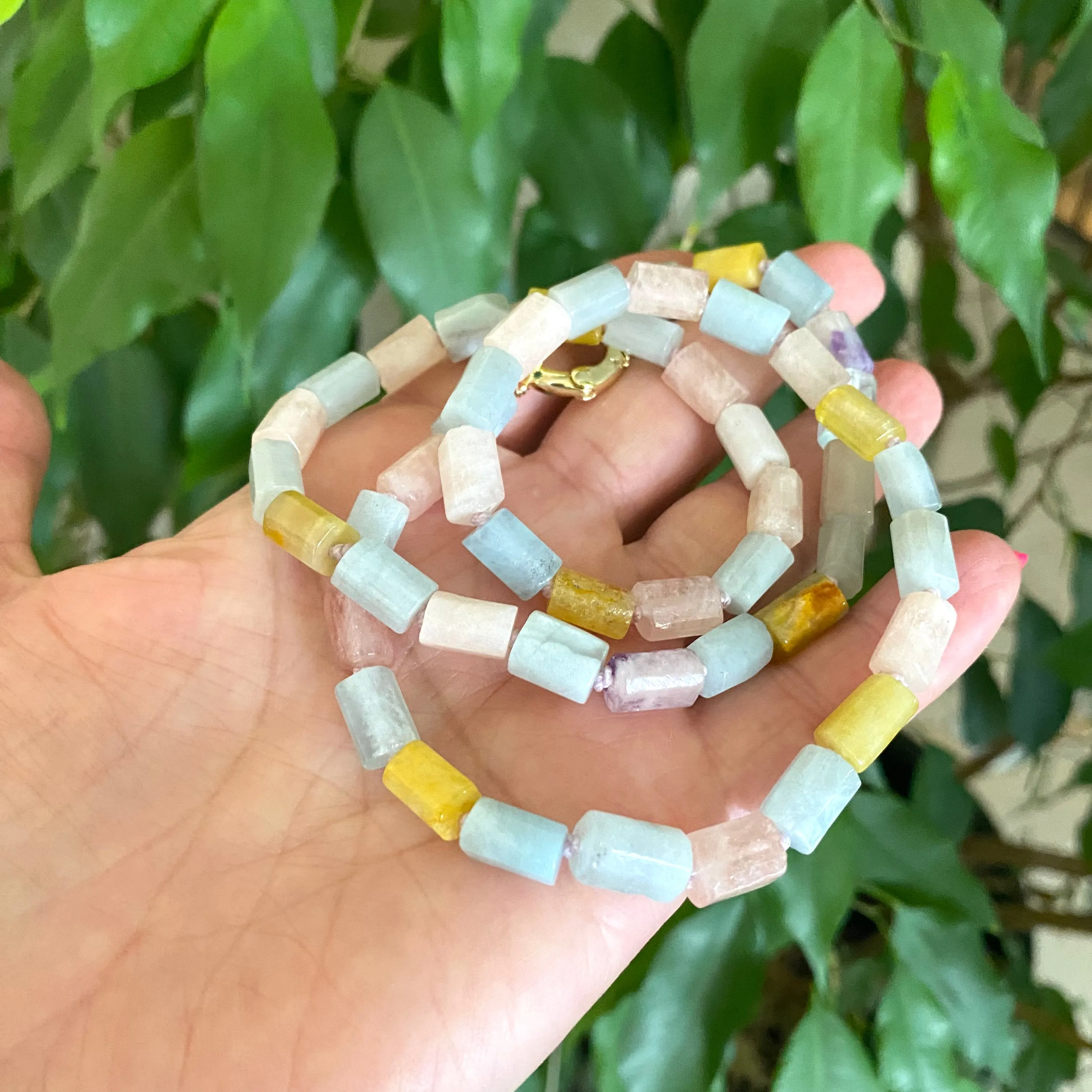 Aquamarine, Morganite Mixed Beryl Necklace, Gold Plated Spring Gate Charm Holder Clasp, 23inches