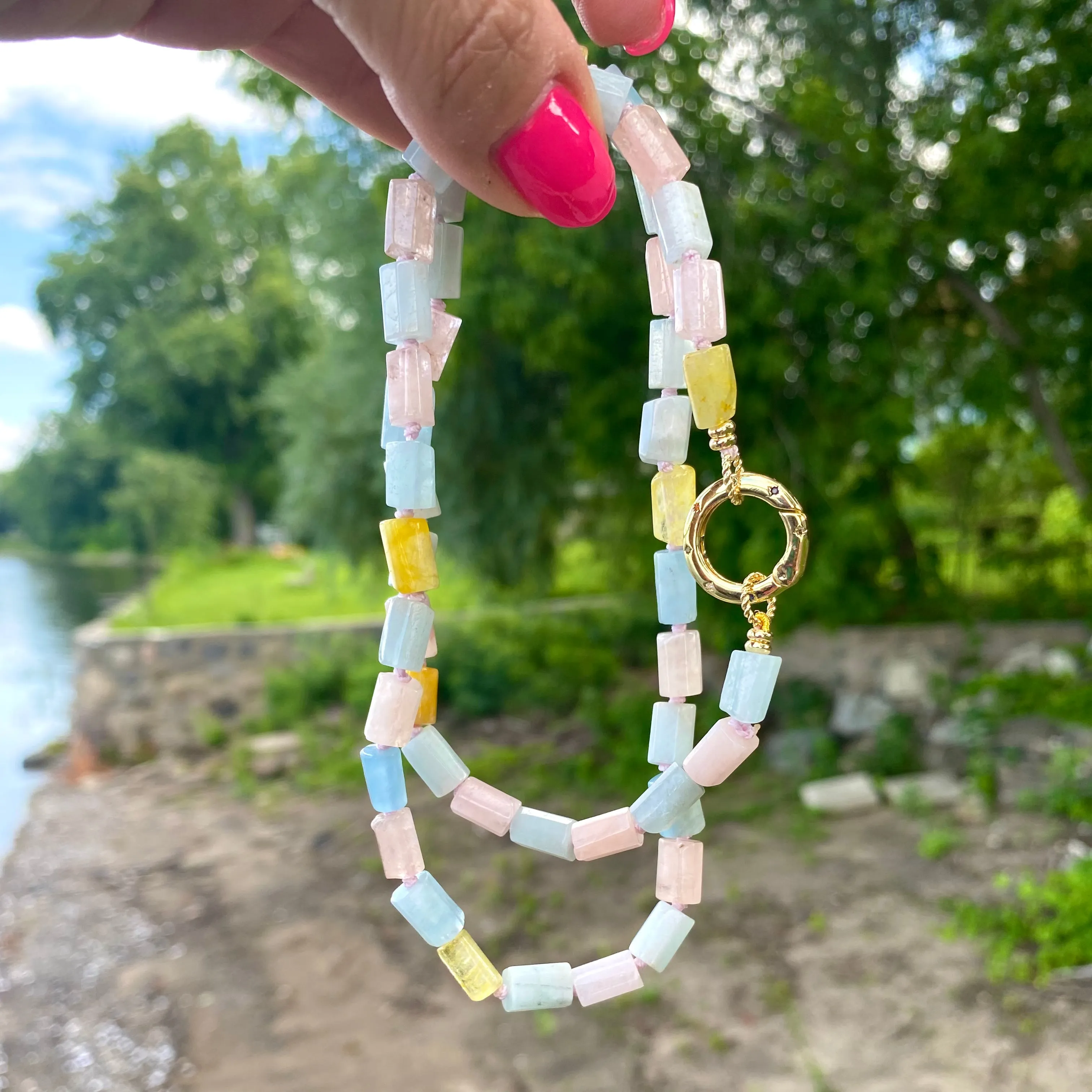 Aquamarine, Morganite Mixed Beryl Necklace, Gold Plated Spring Gate Charm Holder Clasp, 23inches
