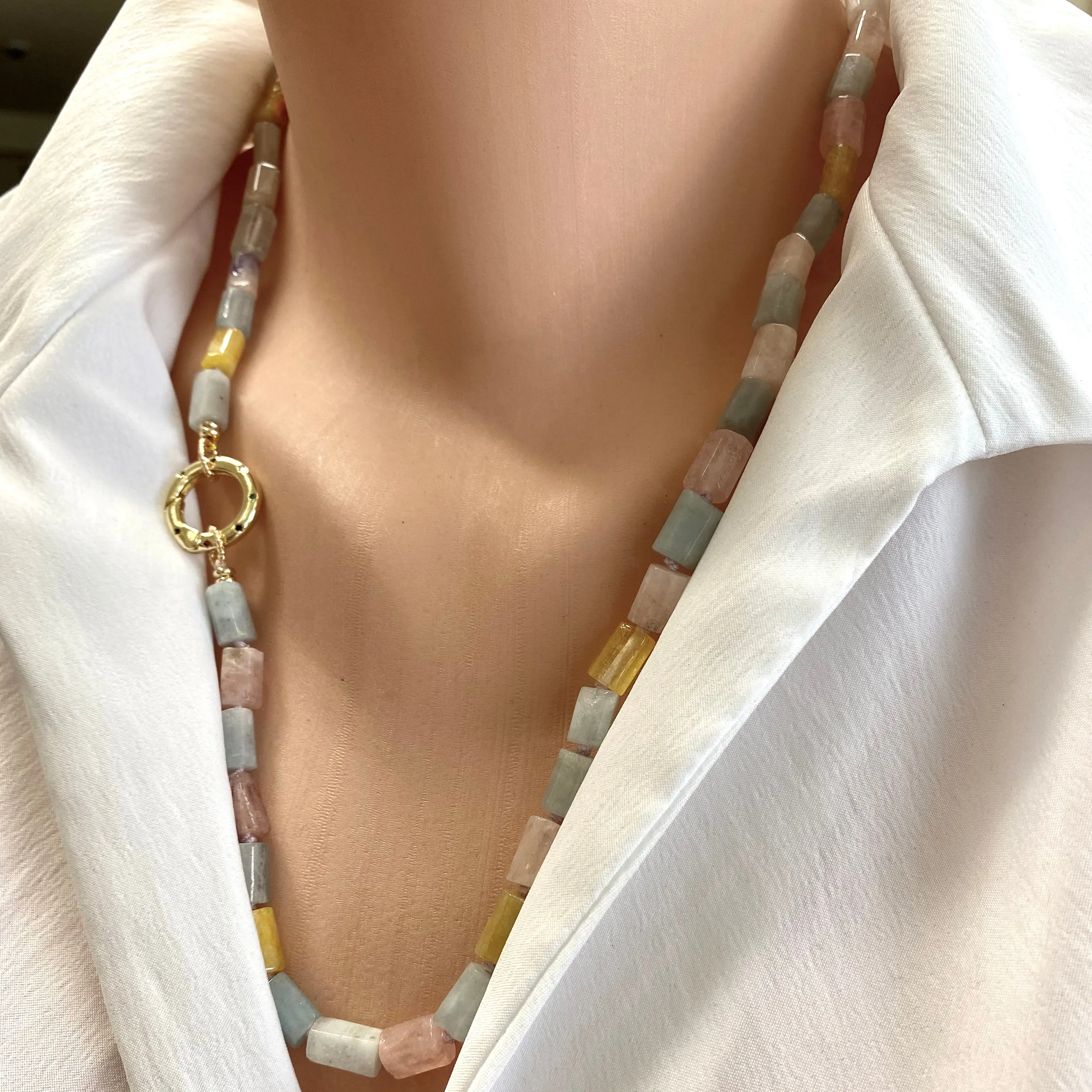 Aquamarine, Morganite Mixed Beryl Necklace, Gold Plated Spring Gate Charm Holder Clasp, 23inches
