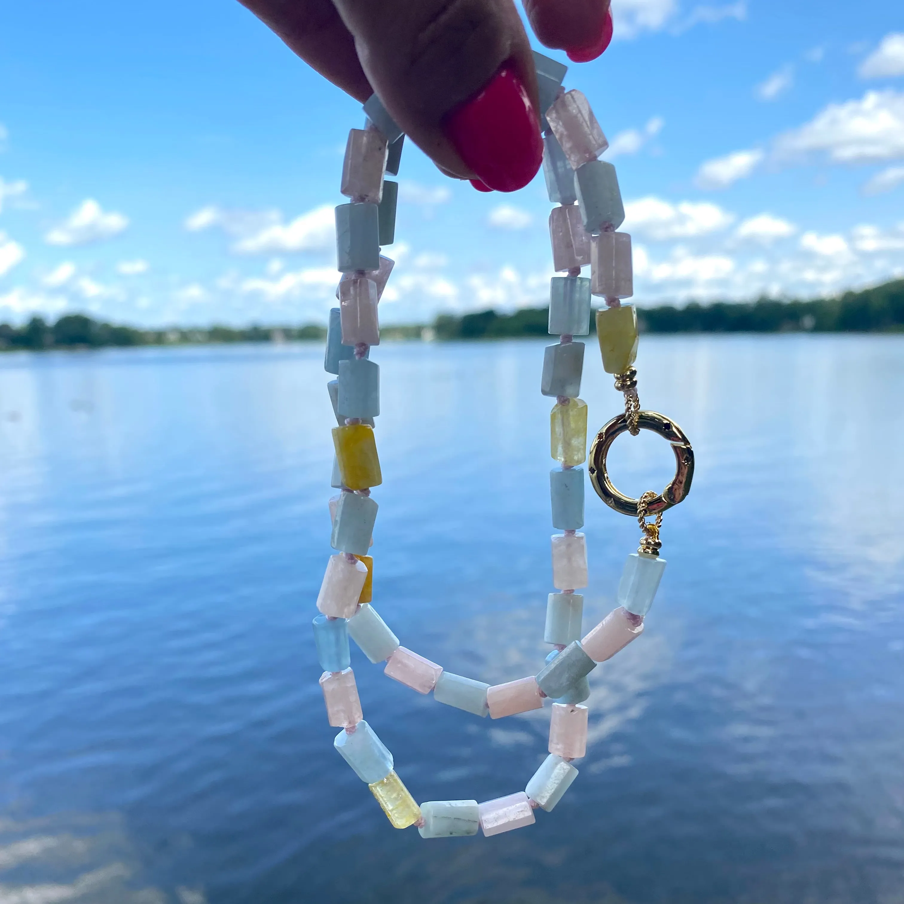 Aquamarine, Morganite Mixed Beryl Necklace, Gold Plated Spring Gate Charm Holder Clasp, 23inches