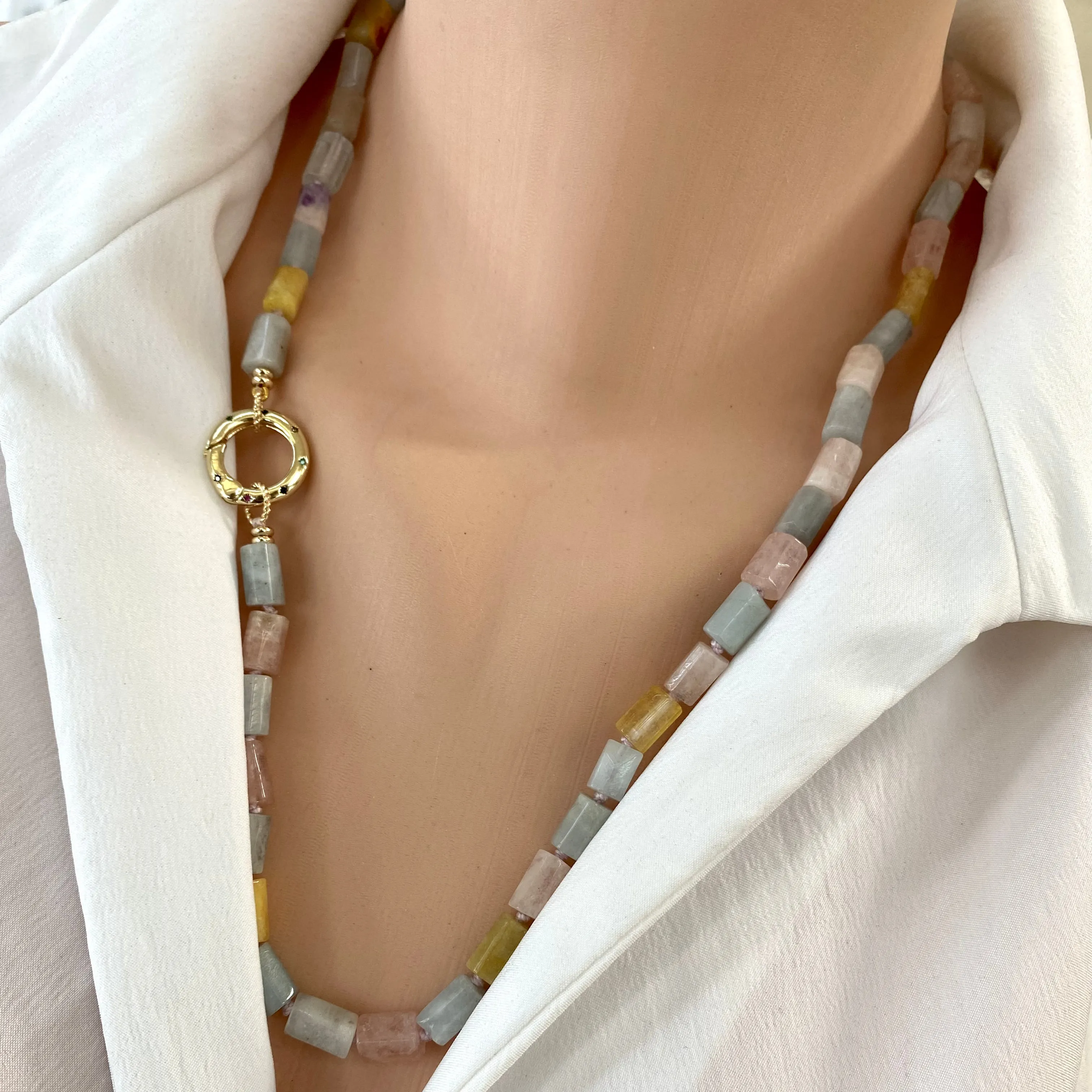 Aquamarine, Morganite Mixed Beryl Necklace, Gold Plated Spring Gate Charm Holder Clasp, 23inches