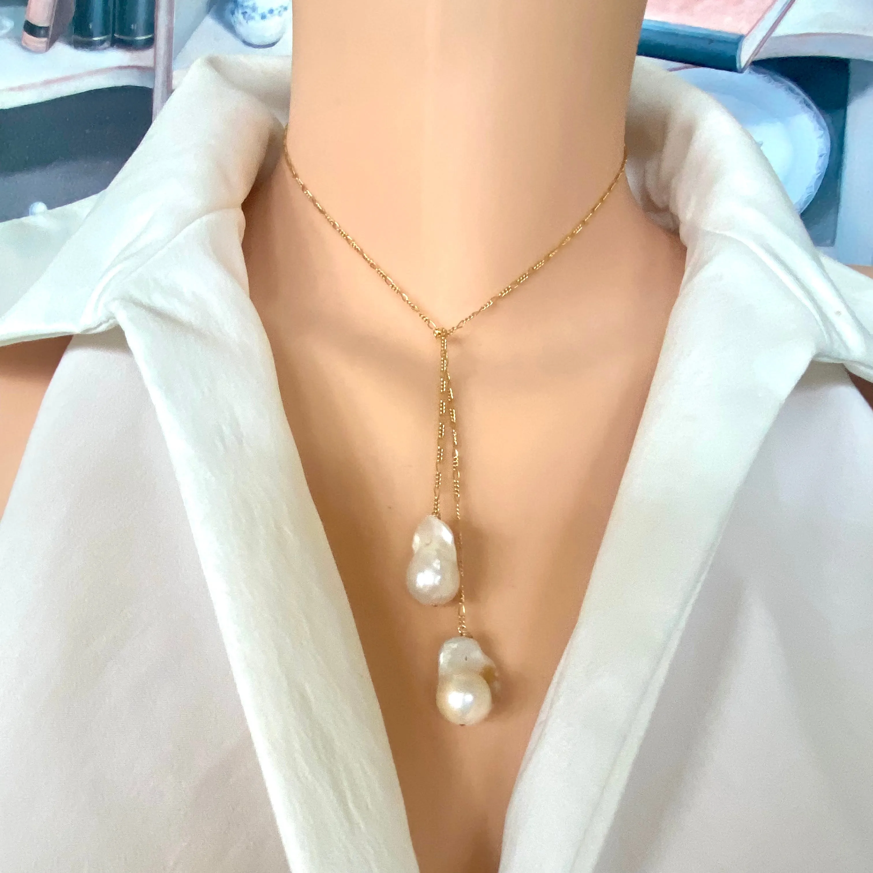 Baroque Pearl Drop Necklace, Gold Filled Lariat Necklace, Figaro Chain Y Necklace