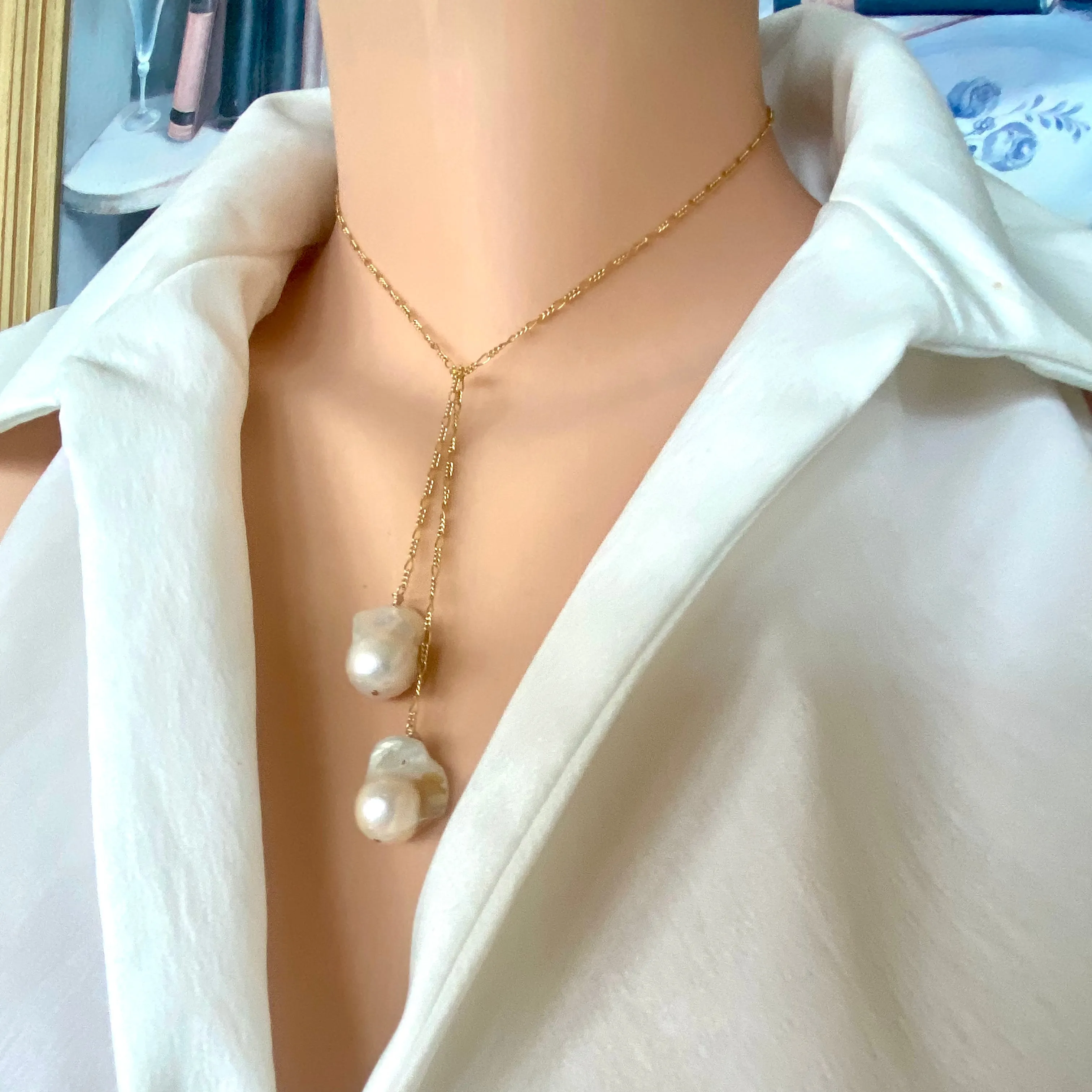Baroque Pearl Drop Necklace, Gold Filled Lariat Necklace, Figaro Chain Y Necklace
