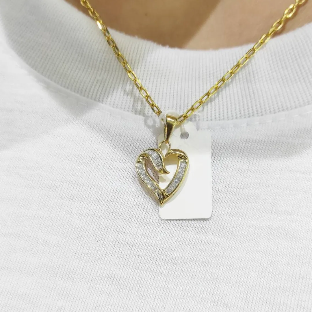 Open Heart Round-Baguette Diamond Pendant 14K Yellow Gold