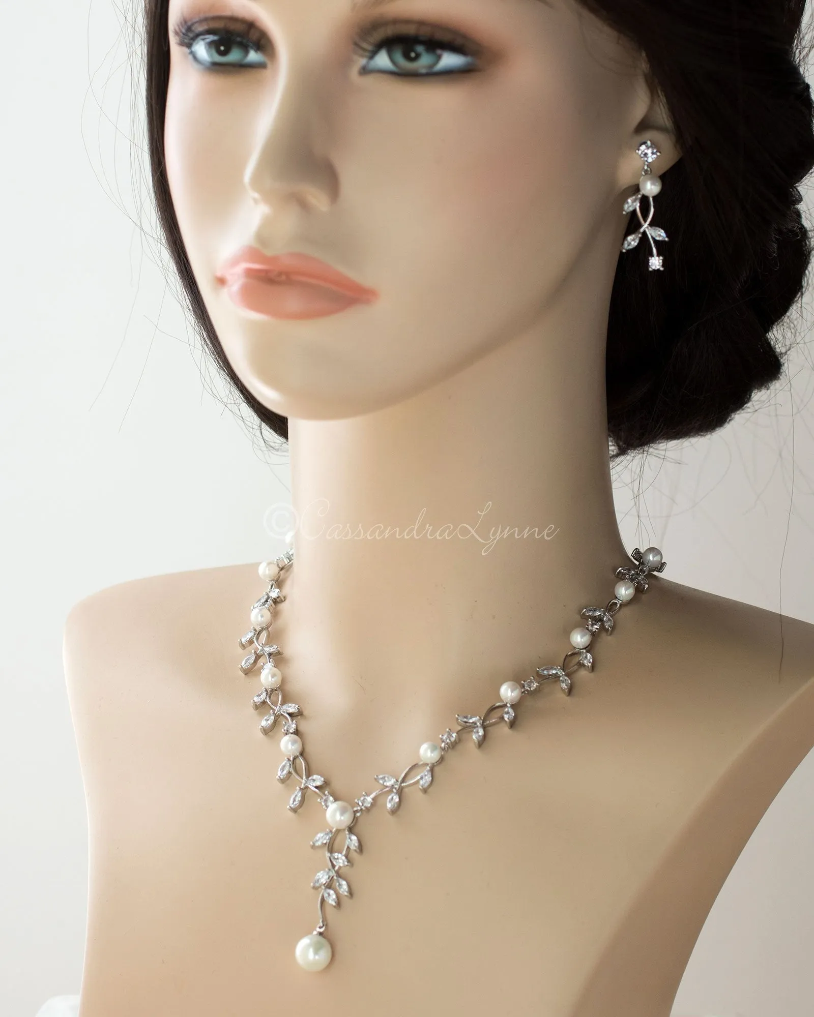 Pearl Bridal Necklace of Marquise CZ Vines