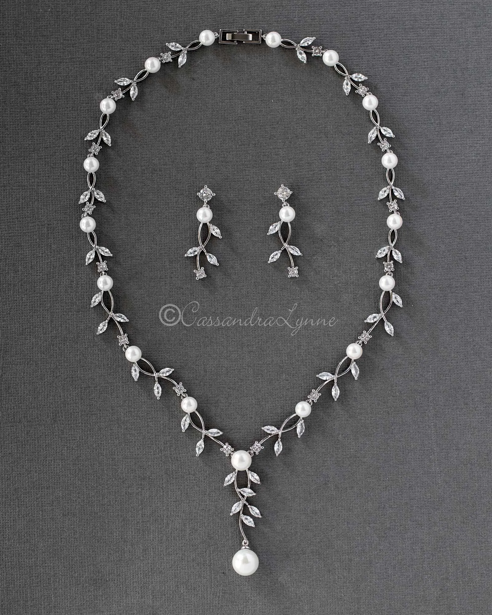Pearl Bridal Necklace of Marquise CZ Vines