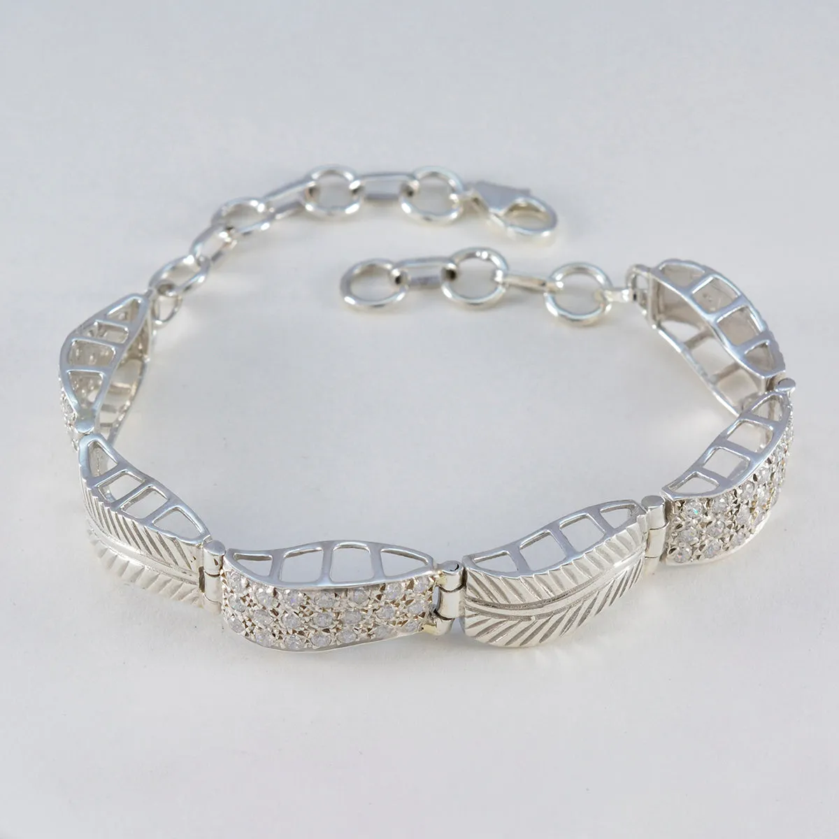 Riyo Adorable 925 Sterling Silver Bracelet For Girls White CZ Bracelet Bezel Setting Bracelet with Fish Hook Link Bracelet L Size 6-8.5 Inch.