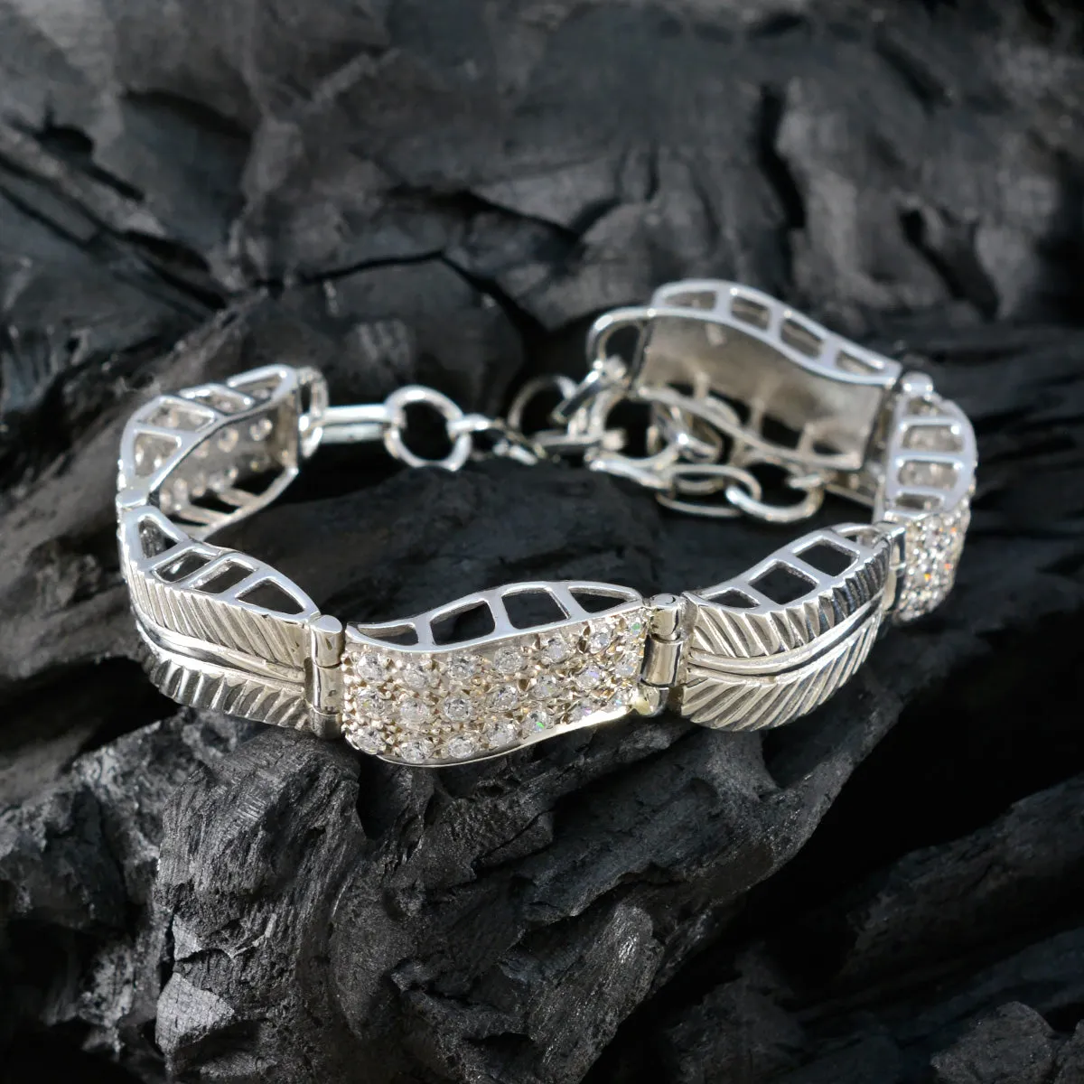 Riyo Adorable 925 Sterling Silver Bracelet For Girls White CZ Bracelet Bezel Setting Bracelet with Fish Hook Link Bracelet L Size 6-8.5 Inch.