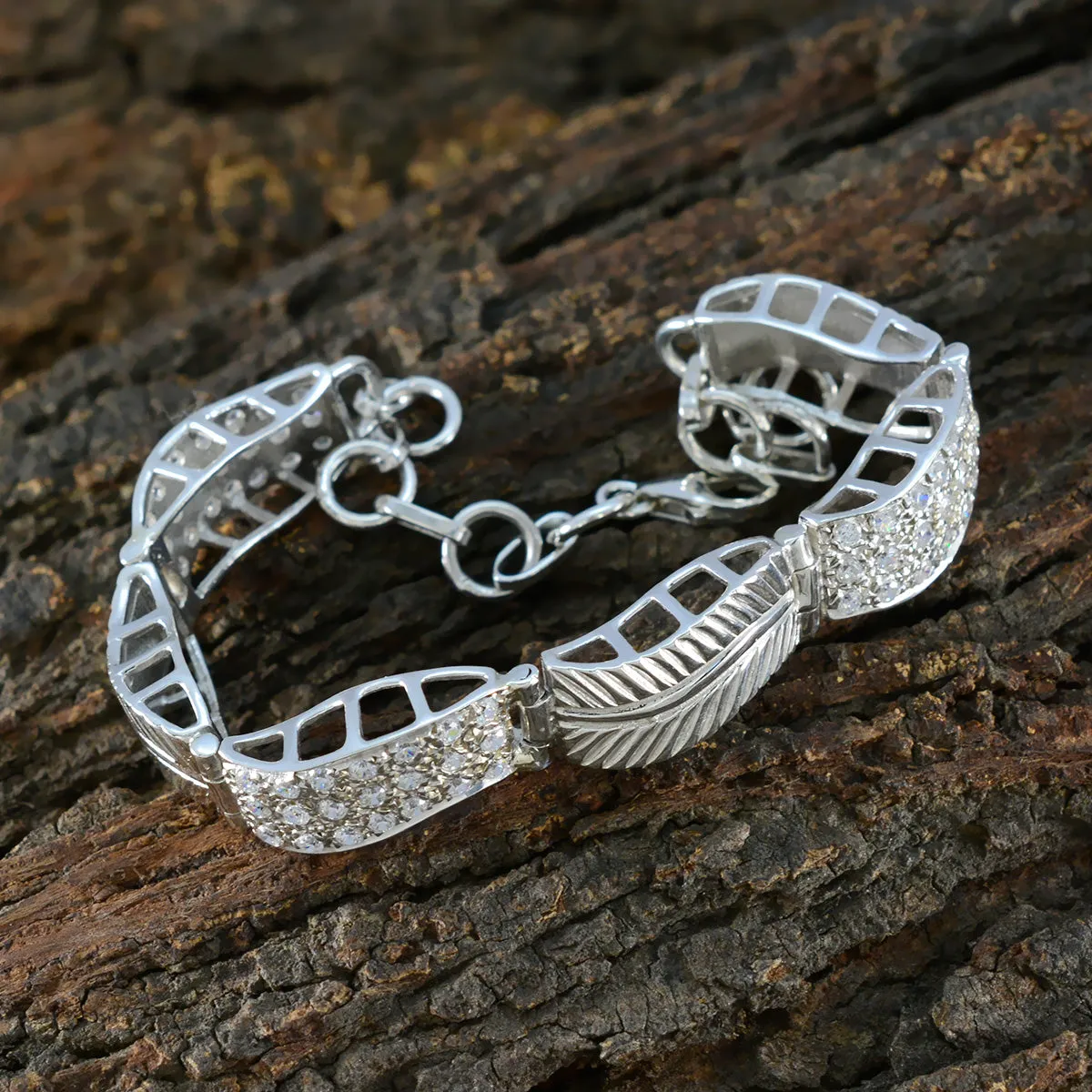 Riyo Adorable 925 Sterling Silver Bracelet For Girls White CZ Bracelet Bezel Setting Bracelet with Fish Hook Link Bracelet L Size 6-8.5 Inch.