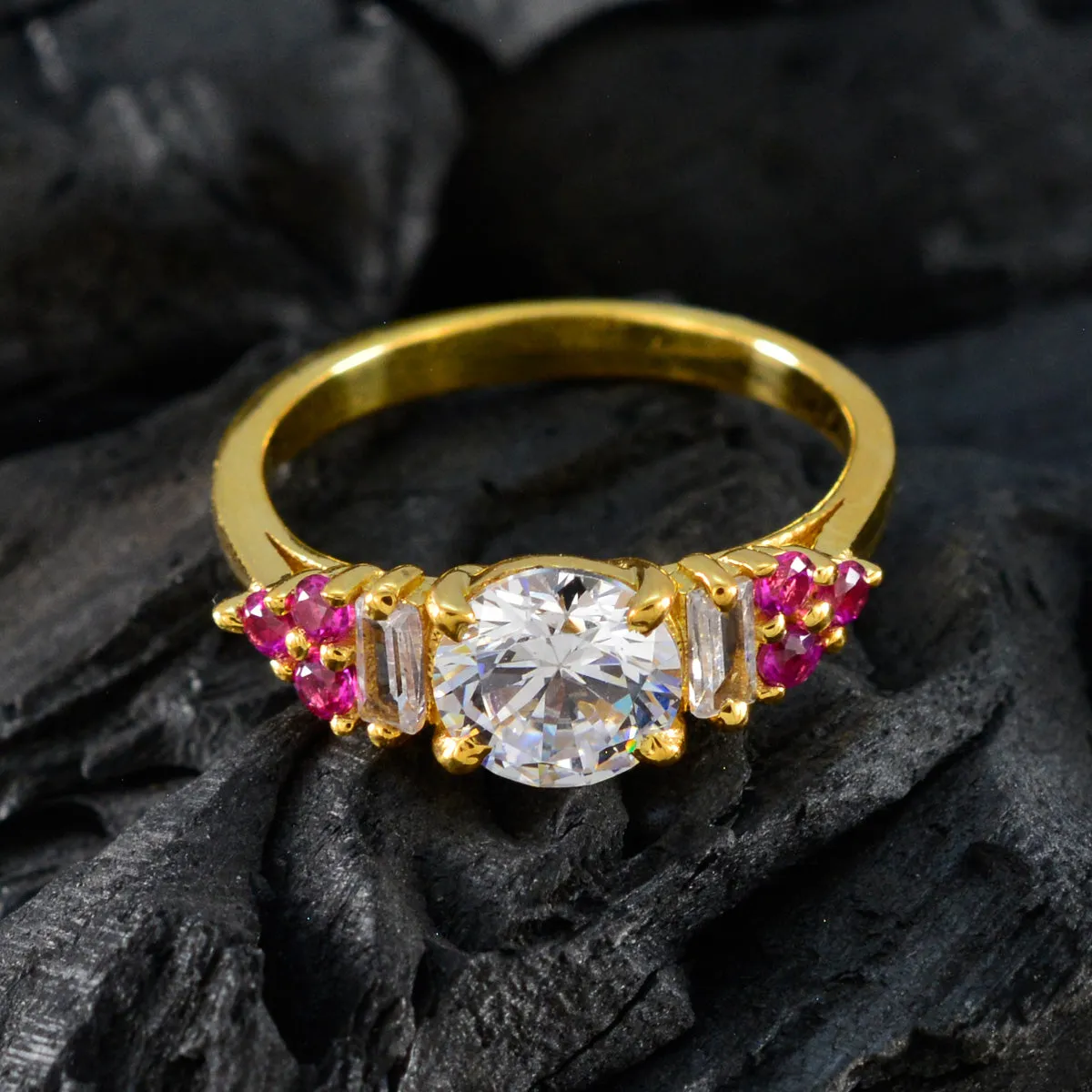 Stylish Ruby CZ Stone Ring with Yellow Gold Plating on Attractive Silver - Round Prong Setting Jewelry - Perfect Valentines Day Gift