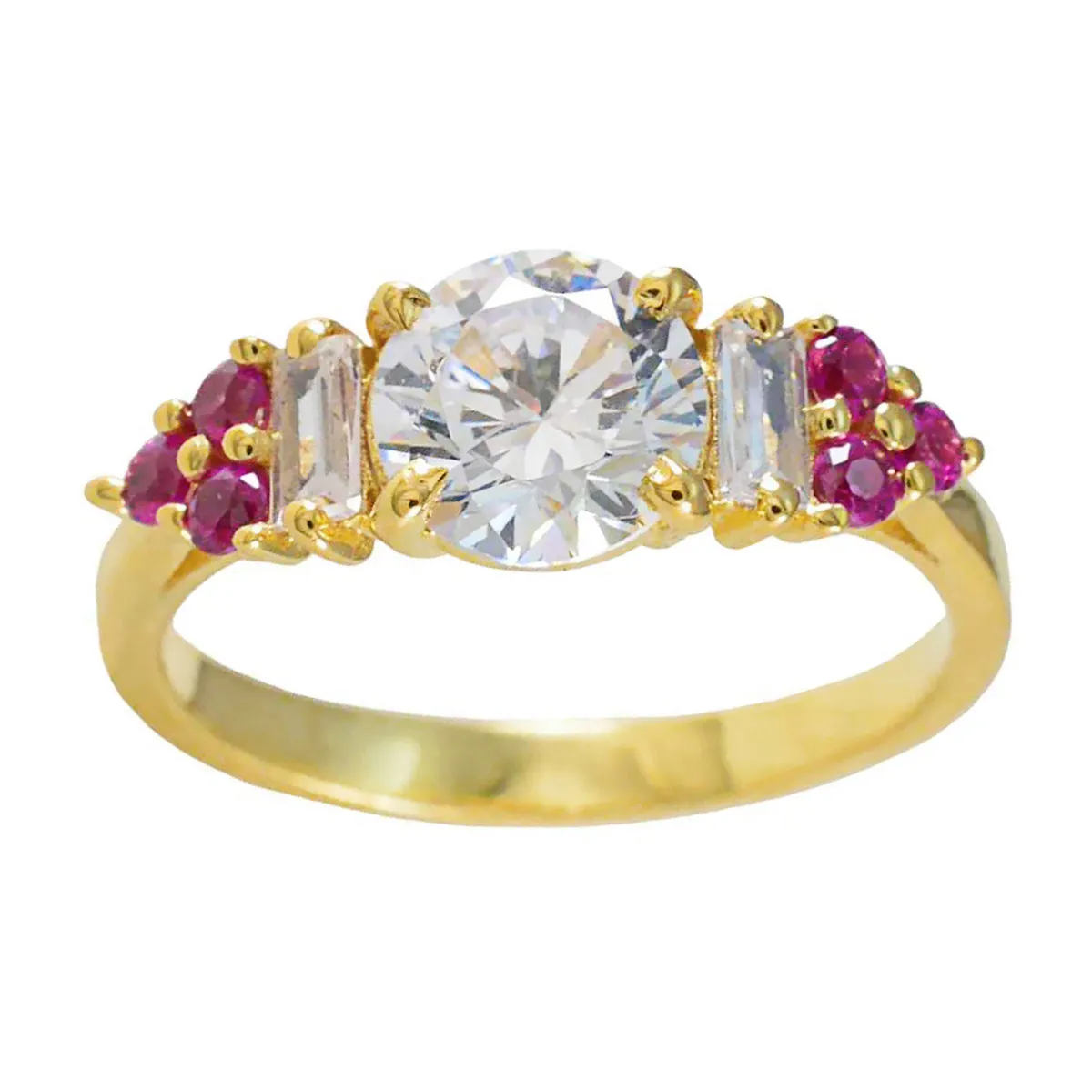 Stylish Ruby CZ Stone Ring with Yellow Gold Plating on Attractive Silver - Round Prong Setting Jewelry - Perfect Valentines Day Gift
