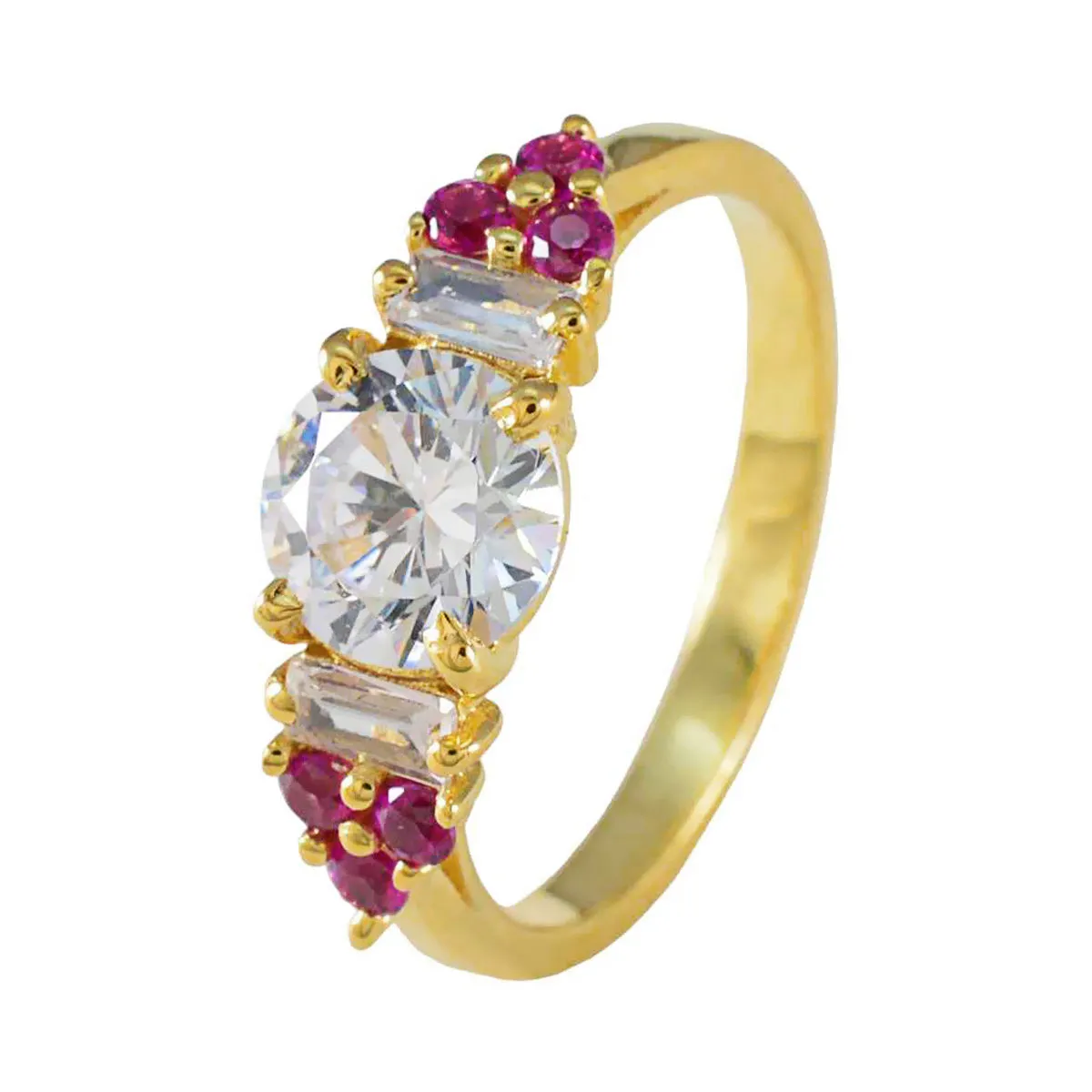 Stylish Ruby CZ Stone Ring with Yellow Gold Plating on Attractive Silver - Round Prong Setting Jewelry - Perfect Valentines Day Gift